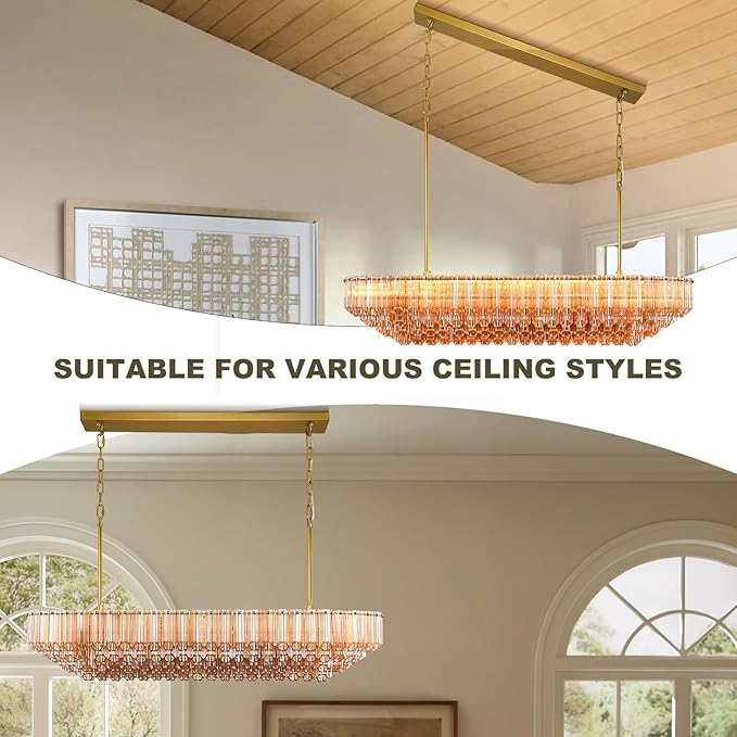 Amber Glass Chandeliers for Dining Room Over Table, 43" Modern Rectangular Dining room Chandelier, Honeycomb Layered Crystal Kitchen Island Long Chandelier Gold Dimmable Ceiling Light for Kitchen