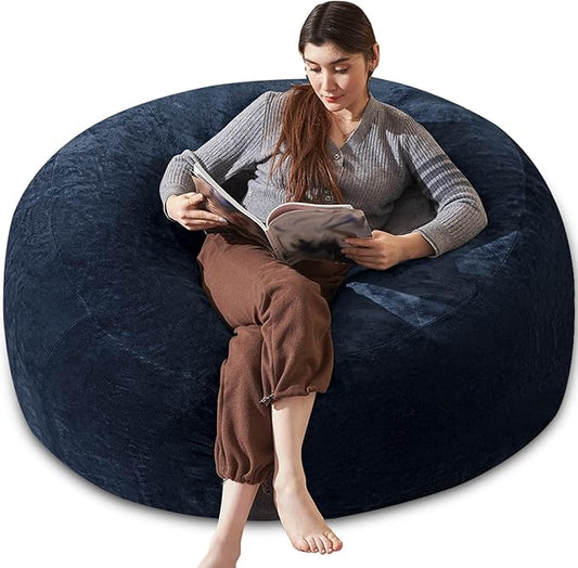 Bean Bag Chair 5Ft, Memory Foam Filled, Large Beanbag Chairs for Adults and Teens, Soft Sofa with Removable Flannel Cover, Round Couch for Living Room Bedroom College Dorm (Blue, 5FT-60×60"×24")