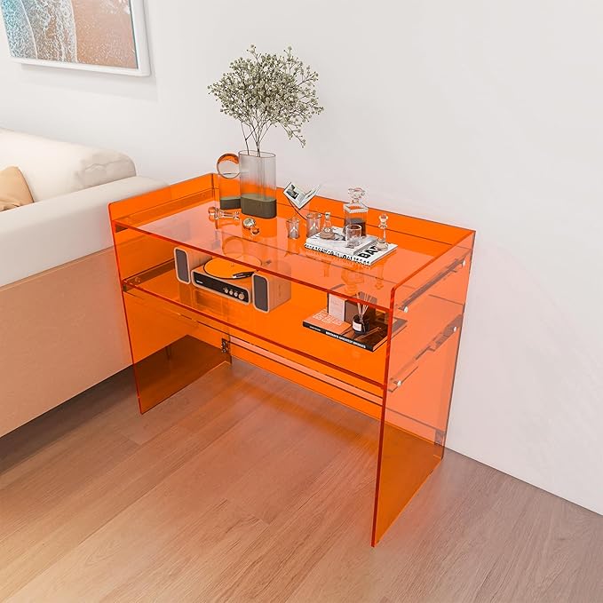 Acrylic Desk with Retaining Edge, Orange Acrylic Table, Console Table for Office, Study, Bedroom, Entrance Decor (17.7" D x 39.4" W x 31.5" H, Orange)