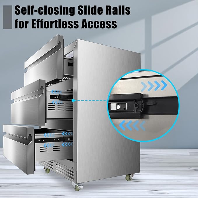 24 Inch Upgraded Three-Drawer Beverage Fridge, Weather Proof Outdoor Stainless Steel Beverage Refrigerator, Under Counter Built-in Beverage Cooler for Home & Commercial Use