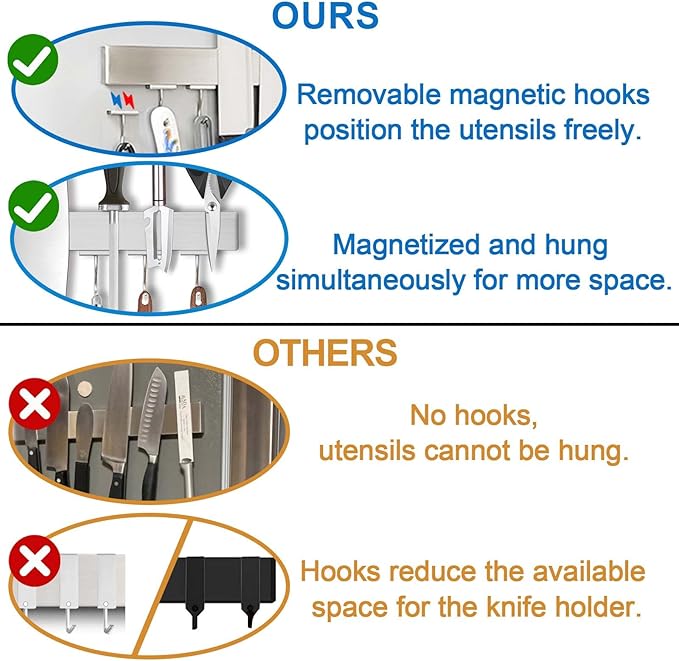 16 Inch Magnetic Knife Holder for Refrigerator - Knife Magnetic Strip for Fridge with Magnetic Hooks - Double Sided Magnetic Knife Bar - Stainless Steel Kitchen Magnetic Knife Hanger Rack