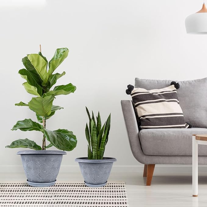 14 Inch Large Planter Pot for Plants Indoor Outdoor, 4 Pack Plastic Flower Pots with Drainage Hole & Tray, Modern Decorative Garden Pot with Saucer, Plant Container for House