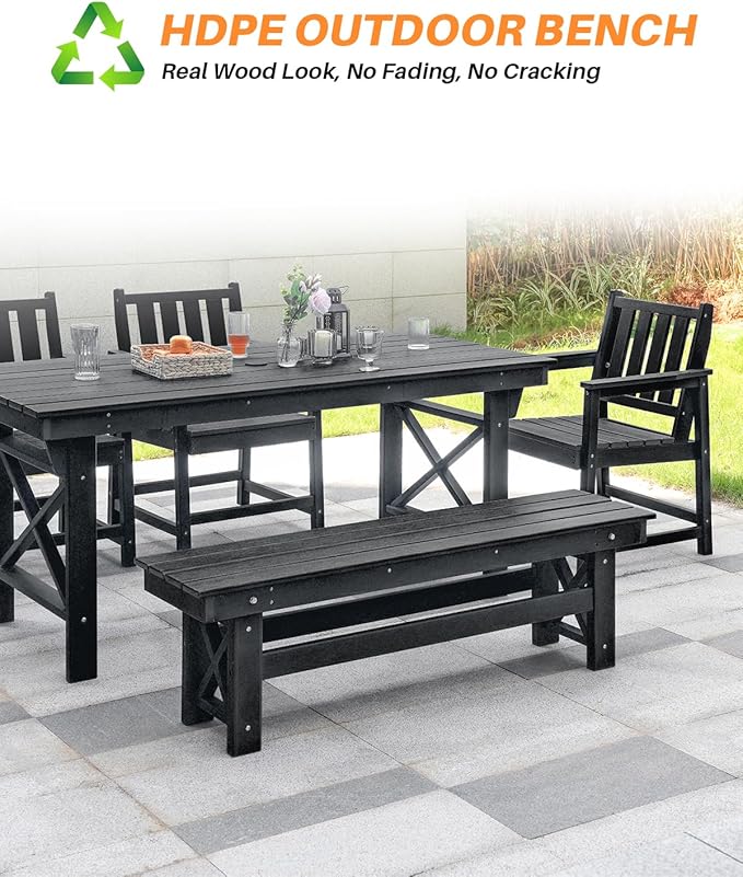 HDPE Outdoor Bench, 55" Patio Bench Outdoor Furniture, Poly Lumber Adirondack Benches, Fade-Resistant HDPE Garden Backless Benches for Park, Poolside, Garden, Porch, Obsidian