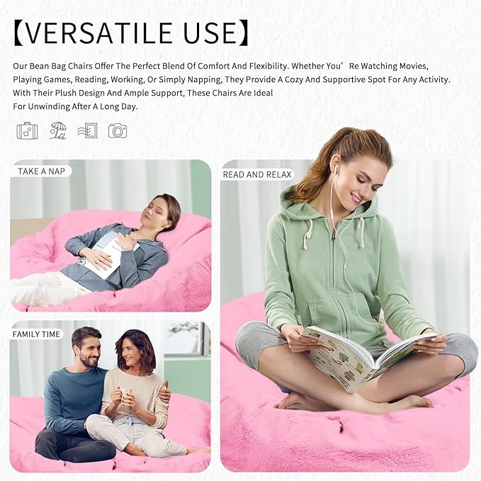 Bean Bag Chair for Adults 8FT,Soft Removable Cover for Teens/Girls Bedroom,Fluffy Giant Round Floor Beanbag Lounger Chairs (No Filler,Pink)