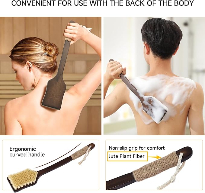 Back Scrubber Shower Brush,Dry Brushing Body Brush with 17.7 Inch Curved Long Handle, Natural Bristles for Lymphatic Drainage, Soft & Stiff Bristles Available (Medium-Soft Horsehair)