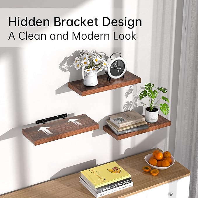 BAYKA Floating Shelves for Wall, Wall Mounted Rustic Wood Shelves for Bathroom, Bedroom, Living Room, Kitchen,Small Hanging Shelf for Books/Storage/Room Decor (Walnut-Like, Set of 3, 15.7in)