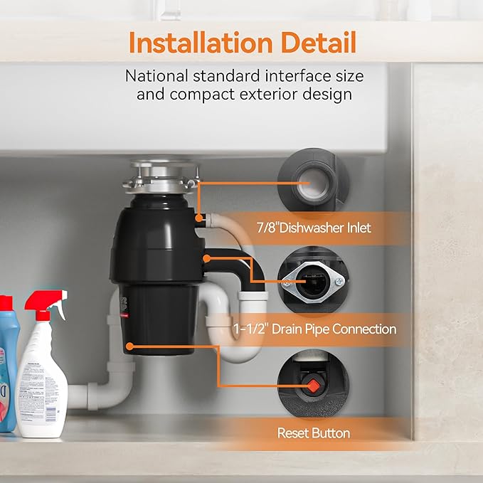 3/4 HP Garbage Disposal, TECASA Food Garbage Disposal with Power Cord, Stainless Steel Grinding System and 3-Bolt Mounting, Continuous Feed Garbage Disposals, Quiet, Taskmaid Series 75