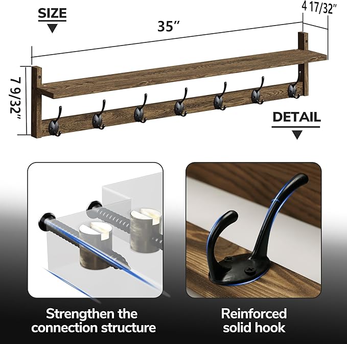 BAMEOS Coat Rack Wall Mount, Large Wooden Coat Hooks with Shelf, 35" L, 7 Dual Metal Hooks for Entryway, Bathroom, Kitchen, Living Room, Bedroom