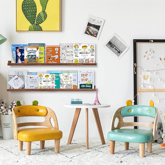 AZSKY 48 Inch Floating Wall Ledge Bookshelf Light Walnut Kids Book Toys Trophy and Family Picture Photo Frames Display Shelves Wall Mounted a Set of 2