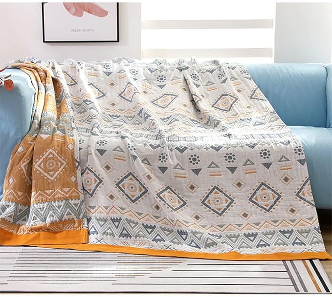 Boho Muslin Blanket for Adults 4-Layer Gauze 80 x 90 Inches Soft Cozy 100% Cotton Cooling Blanket Geometric Farmhouse Decor for Sofa Bed Coverlet Both Sides (Boho-G-Yellow, 80 x 90 in)