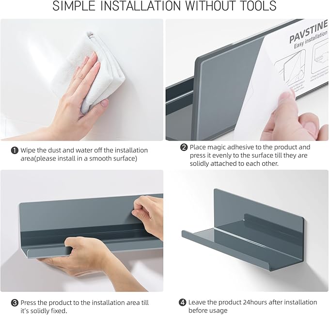 Adhesive Floating Shelves for Wall No Drilling, 12 Inch Acrylic Self Adhesive Shelves, Stick on Shelves, Dorm Wall Shelf, for Bathroom, Kitchen, Bedroom, Office, Gaming Room, Gray