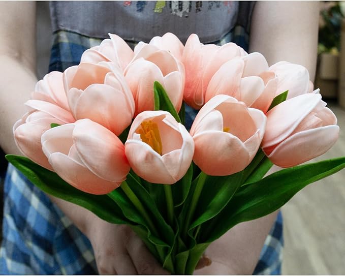Buart Artificial Tulip in Bulk for Home Kitchen Wedding Bridal Bouquet,Fake Flowers for Valentine's Day Mother's Day Easter Table Centerpieces Decorations(Peach,Real-Touch,12pcs)