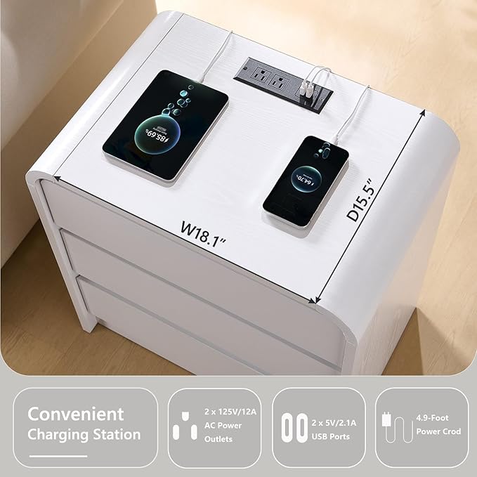 25" Tall Modern Nightstand Set of 2, 23.6" Wide Wood Bedside Table with Charging Station, 3 Storage Drawers Side Table w/Curved Profile Design, End Table for Bedroom, White