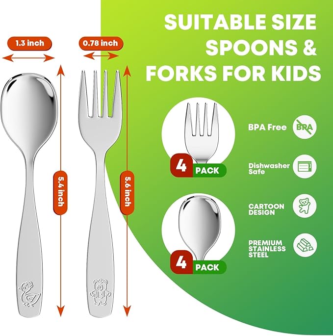 8 Pieces Toddler Utensils, Kids Stainless Steel Silverware Set - 4pcs Forks and 4pcs Spoon, Cute Children Flatware Sets with Mirror Polished, Self Feeding Safe, Dishwasher Safe