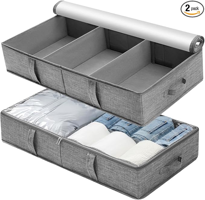 2 Packs Under Bed Storage Containers, Foldable Clothes Draw Organizers with Adjustable Dividers, Handles, Clear Window, Closet Storage Bins for Clothing, Shoes, Blankets