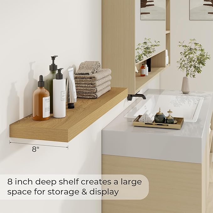 36 inch Floating Shelves Wall Shelves for Office with Invisible Brackets, 8 inch Deep Shelves for Bathroom, Living Room, Kitchen, Office, 36x7.9 inch deep Set of 2, Oak