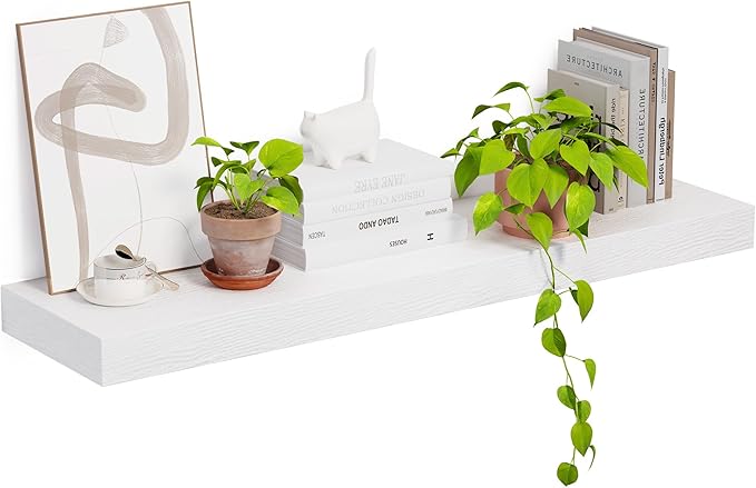 Heimlove 12 Inch Deep Floating Shelves, 48 x 12 inches Long, Large Display & Storage Shelf, Rustic Wood Wall Shelves for Fireplace Mantel, Set of 1(White)