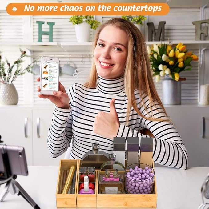 Bamboo Kitchen Drawer Organizer, Wooden Storage Box for Utensil Organizer Silverware Tray Cutlery Holder Flatware Containers - Multi-Use Deep Drawer Dividers Organizer for Bathroom, Jewelry, 9"3"2.5"