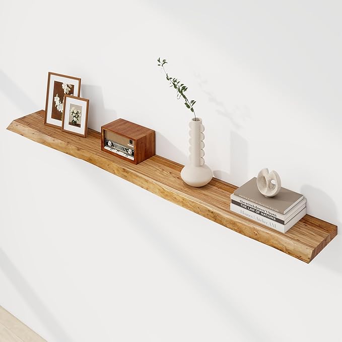 Axeman 72 inch Extra Long Floating Shelves for Wall - 8'' D Live Edge Rustic Solid Elm Wood Floating Shelves Wall Mounted, Wall Shelves with Invisible Bracket for Living Room Bedroom Kitchen, Natural