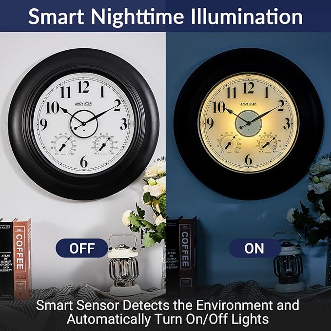 Andy Star 21 Inch Large Illuminated Outdoor Wall Clock Waterproof with Thermometer and Hygrometer, Oversized Battery Wall Clock for Patio Pool, Oil Rubbed Bronze Silent Non Ticking Clock for Garden