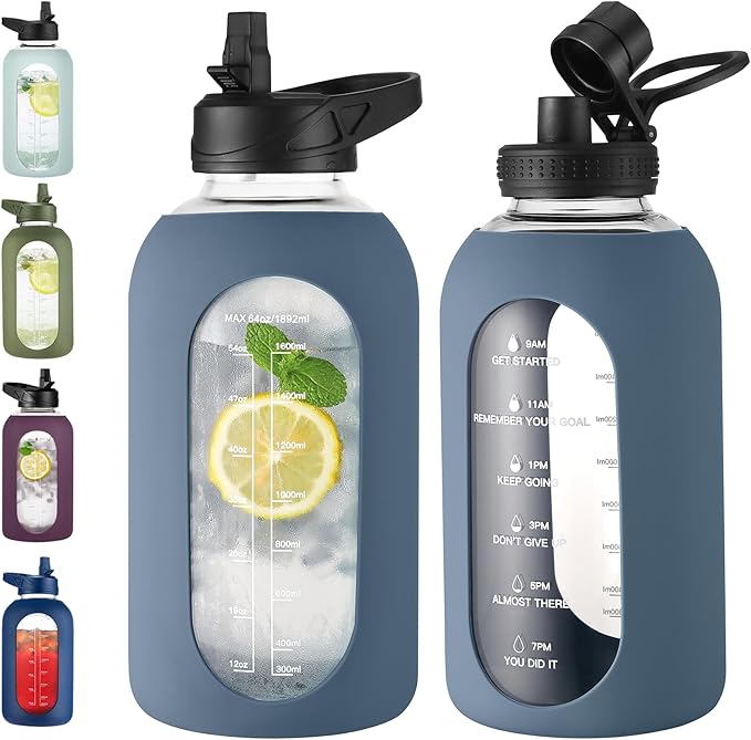 64 oz Glass Water Bottle With Straw and Handle, Half Gallon Sports Motivational Water Jug Flask with Silicone Sleeve, Large Water Cup with Time Marker for Travel, Gym, Dark Blue