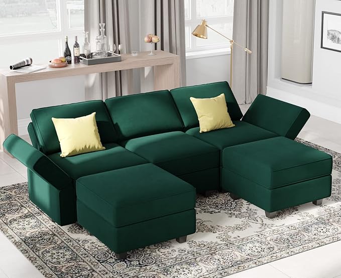 Belffin Modular Sectional Sofa with Double Chaise Velvet U Shaped Sofa Reversible Sectional Couch with Storage Green