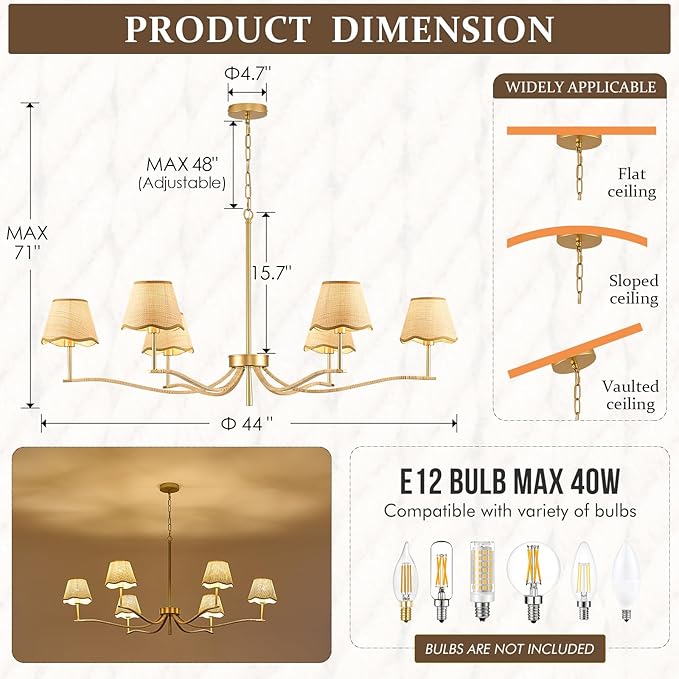 6 Light Boho Rattan Chandelier 44'' Brass Gold Chandelier Light Fixture Hand Woven Dining Room Chandeliers for Entryway Bedroom Living Room Bathroom