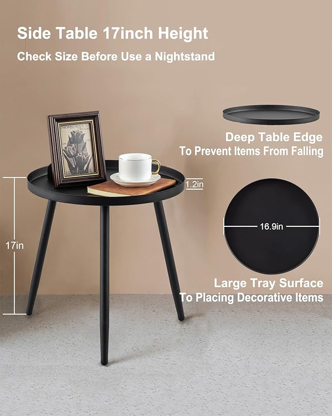 AOJEZOR Side Table: End Table for Indoor Use - Small Side Tables for Small Spaces All Matte Black with 3 Legged