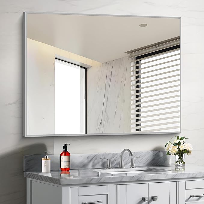 30x40In Silver Bathroom Mirror for Wall, Brushed Nickel Rectangle Mirrors with Metal Frame, Bathroom Rectangular Mirror Modern Wall Mirror for Bedroom Living Room, Hangs Horizontal or Vertical