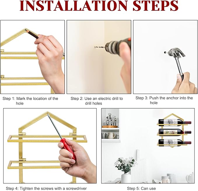 2Pcs Wall Mounted Wine Stemware Rack, Metal Hanging Wine Glass Display Holde Holds 3 Bottles, Elegant Storage for Kitchen Dining Room Bar Wine Cellar (Gold)