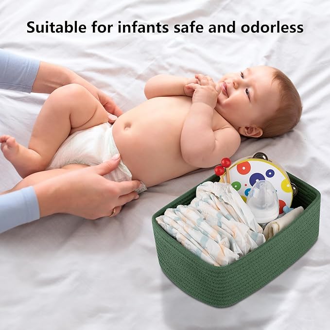 4 Pack Small Storage Shelf Baskets for Organizing, Mini Woven Rope Storage Bins for Towels, Cute Decorative Closet Organizer，Baby Nursery, Gift Empty Baskets -13''Lx8.66''Wx5.11''H-Green