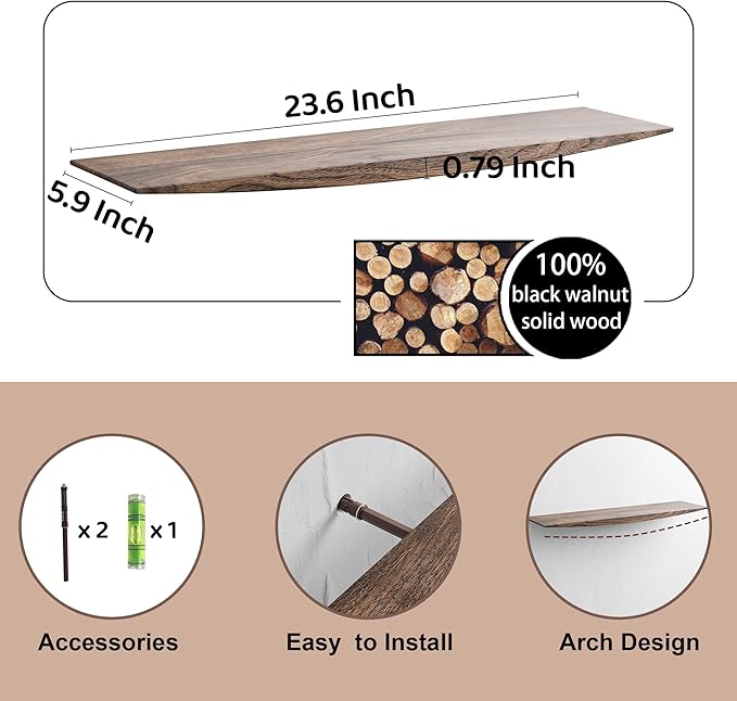 24’’ Black Walnut Floating Shelves - 6 Inch Deep Solid Wood Floating Shelf for Wall, Rustic Zen TV Shelf Wall Mounted, Live Edge Shelf with Invisible Brackets for Living Room, Bedroom, Kitchen.
