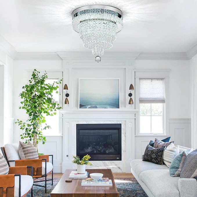 16“ Crystal Chandeliers Round Modern LED Chandelier Light Flush Mount Ceiling Light Fixtures with Remote Control for Bedroom Living Room Dining Room (dimmable)