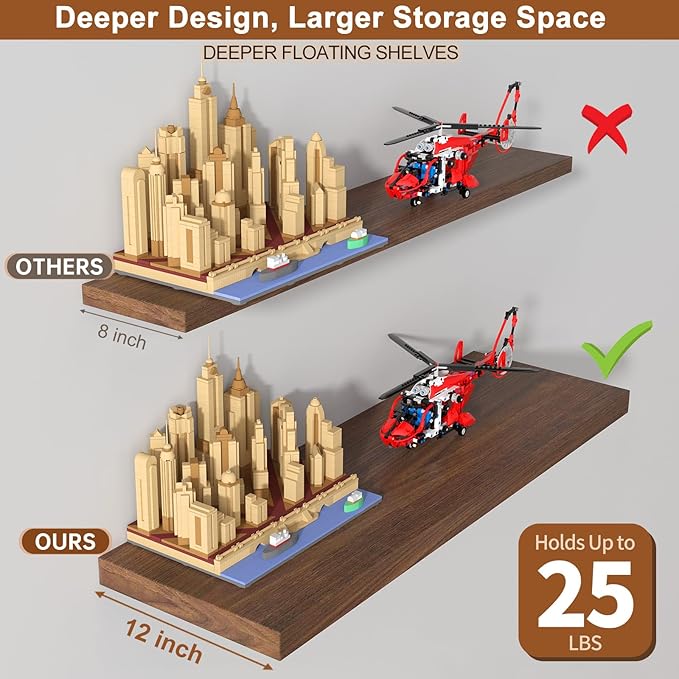 48 Inch Floating Shelf 1 Pack Large Floating Shelves for Wall No Drilling Accessories Included Deep Wall Shelves for Living Room Kitchen Farmhouse 48" W x 12" D x 1.2" Walnut
