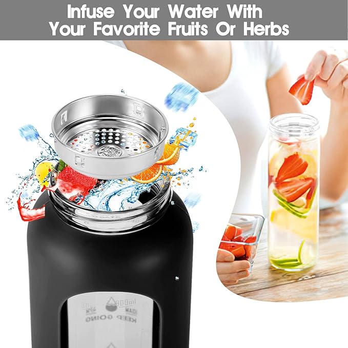 32 oz Glass Water Bottle with Straw - Motivational Time Marker & Silicone Sleeve - Reusable Tumbler Includes 2 Bamboo Lids & Fruit Infuser - 1 Pack