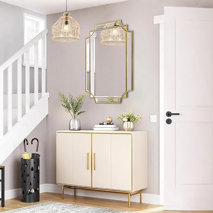 30x20 Inch Gold Bathroom Mirror, Wooden Frame with Scalloped Polished Beveled Glass, Modern Art Wall Decor for Vanity, Irregular Rectangle Mirror for Bedroom, Living Room, Fireplace & Entryway