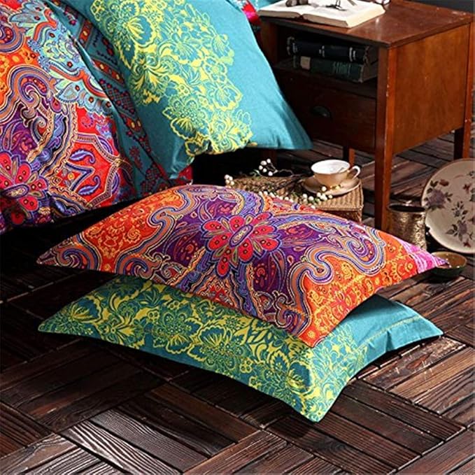 ABREEZE 3Pcs Bohemia Retro Bedding Ethnic Vintage Floral Duvet Cover Boho Bedding 100% Brushed Cotton Bedding Sets Damask Paisley Coloful Mandala Down Comforter Cover,Cal.King