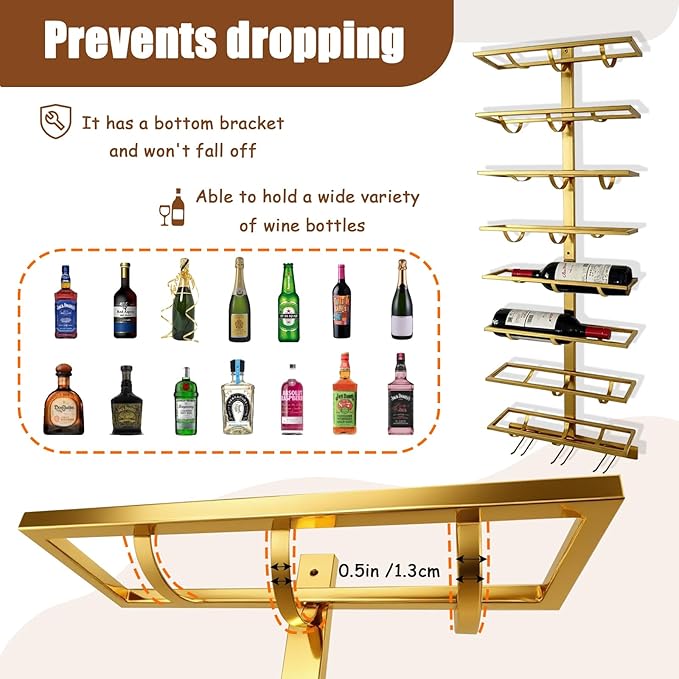20 Bottle Wall Mount Wine Rack with Wine Glass Holder, Metal Wine Wall Rack, Wall Racks for Wine Bottles Display and Storage, Hanging Bottle Organizer for Living Dining Room Wine Cellar Bar (Gold)