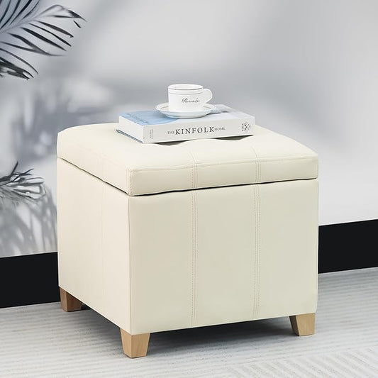 Adeco Faux Leather Storage Ottoman with Hinged Lid, 17.5 Inch High Cream White Square Cube Foot Stool with Storage, Upholstered Vanity Stool with Solid Wood Legs for Living Room, Bedroom, Dorm