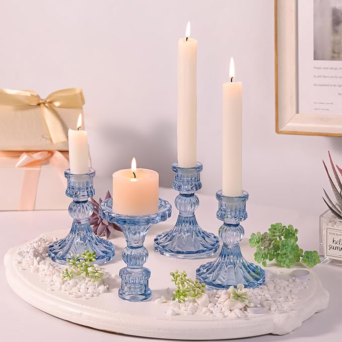 12PCS Blue Candlestick Holders Set- 4" H Taper Candle Holders, Glass Candle Holders Bulk for Wedding, Party, Home Table Centerpieces, Festival Gifts & Windowsill Decor