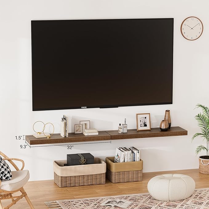 Heimlove 32 Inch Floating Shelves for Wall,Walnut 9.3" Deep Floating Shelf Set of 2,Wall Mounted Shelves for Bathroom Bedroom Living Room Kitchen Office,Shelf for Books Storage Room,Home Decor