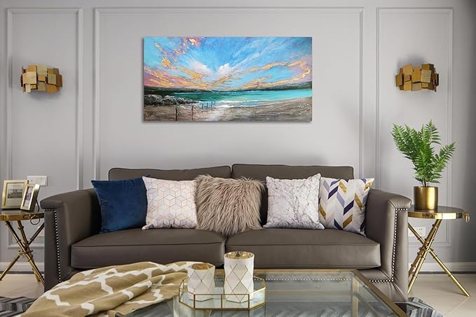 Arjun Ocean Teal Wall Art Canvas Coastal Beach Painting Blue Turquoise Landscape Sunset Picture, Panoramic Gold Foil Textured Large Artwork Framed for Living Room Bedroom Bathroom Wall Decor 40"x20"