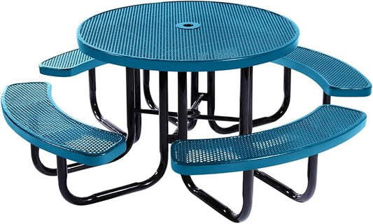 Heavy-Duty Portable Outdoor Picnic Table with Umbrella Hole, Punched Steel Commercial-Grade Patio Dining Furniture Made in America (46" Round Top, Light Blue)