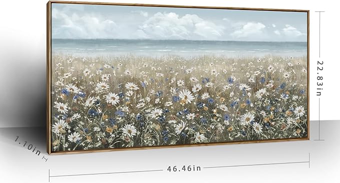 amatop Large Wall Art for Living Room Framed Boho Beach Coastal Floral Ocean Wall Picture Farmhouse Daisy Flower Sea Canvas Print Nautical Neutral Vintage Warm Artwork Home Bedroom Office Decor 48x24