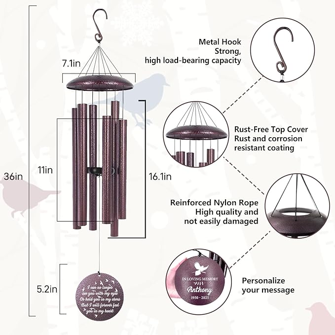 ASTARIN Large Engraving Wind Chime Memorial, Personalized Windchimes in Memory of a Loved One, Loss of Mother Lover Sympathy Gifts, Remembrance Gift for Loss Wife Husband(Produced in USA)