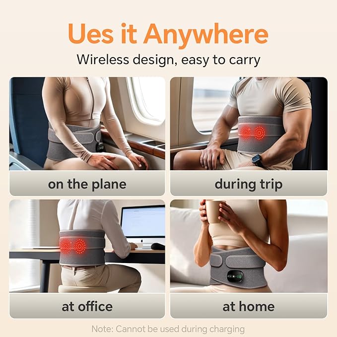 Heating Pad for Back, Lumbar Massager, Heated Waist Belt Wrap, Lower Back Pad with Heat Vibration 3 Levels Adjustable, 180 mins Battery, Cordless Portable, Touchscreen Control