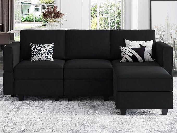 Belffin Modern L Shaped Velvet Sectional Sofa with Chaise, Black, Storage, Adjustable Arm/Backrest