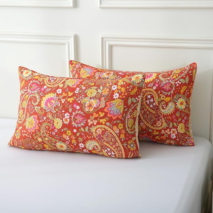 ABREEZE Paisley Bedding Sets 3Pcs Brushed Cotton Duvet Cover Set King Size Rustic Damask Red Floral Comforter Cover with Zipper Closure Boho Bedding Collections