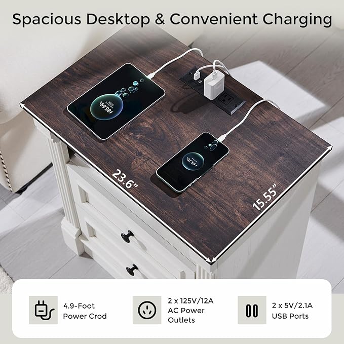 26" Tall Farmhouse Night stand Set of 2, 2 Drawers End Table w/Charging Station, 23.6" Wide Wood Side Table w/Roman Column, Large Rustic Sofa Table w/Open Shelf, Bedside Table for Bedroom, White