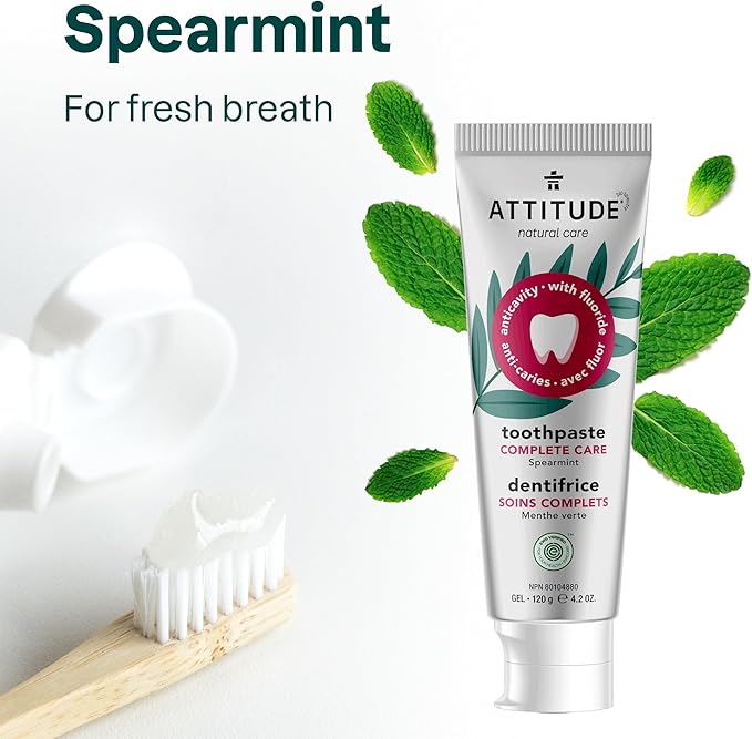 ATTITUDE Complete Care Toothpaste with Fluoride, Spearmint Flavor, Vegan & Cruelty-Free, Sugar-Free, Plant & Mineral-Based Ingredients, Clean Oral Care, 4.2 Oz